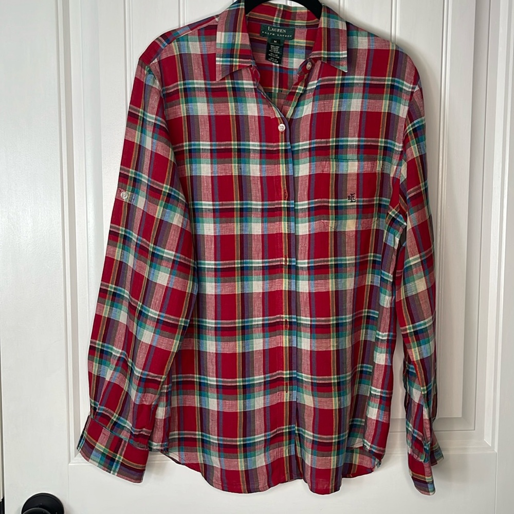 Ralph Lauren Women plaid Button-down shirt size M (100% LINEN )
